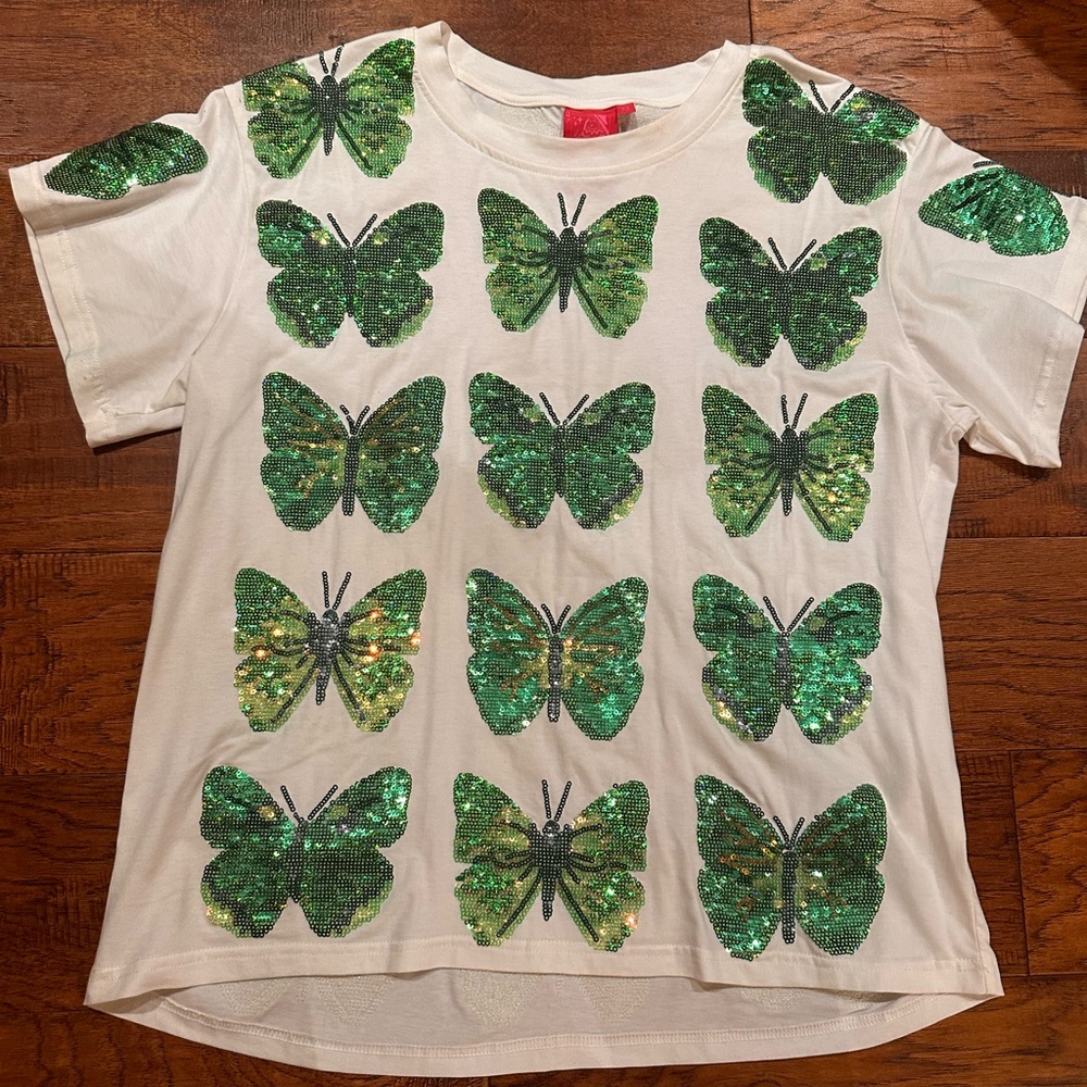 Queen of Sparkles White with Green Butterfly Sequin T-Shirt - Size XS - Picture 2 of 4